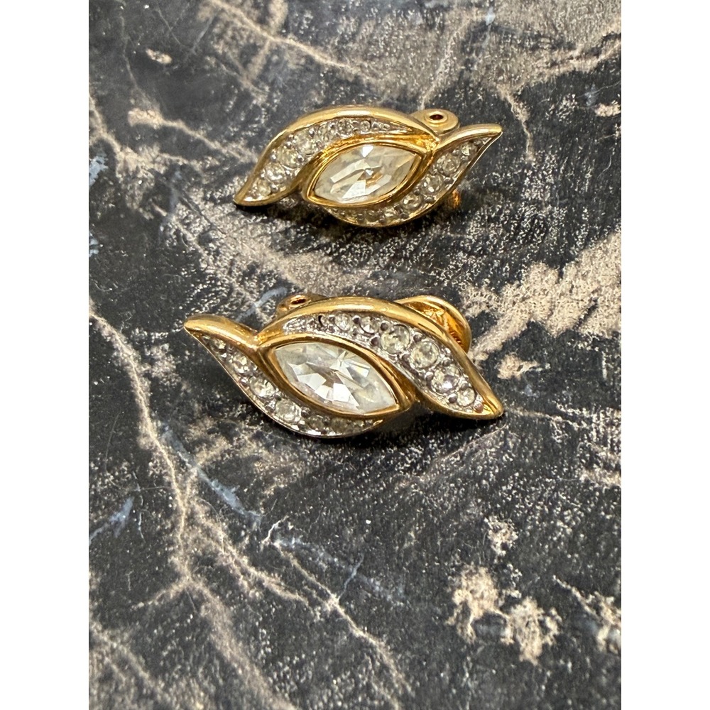 Vintage Monet Gold Tone Crystal Rhinestone Marquise Clip‎ On Earrings Statement